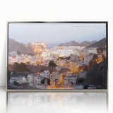 Mid-century modernist art depicting a serene Oman landscape in muted earth tones, framed acrylic.