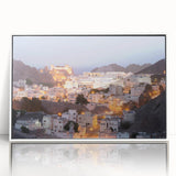 Art deco poster featuring a Middle Eastern Oman scenery in muted earth tones on a framed acrylic.
