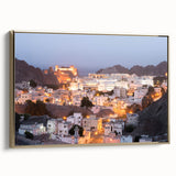 Framed canvas featuring a vintage-style landscape painting of the Middle Eastern scenery in muted gold and black tones.