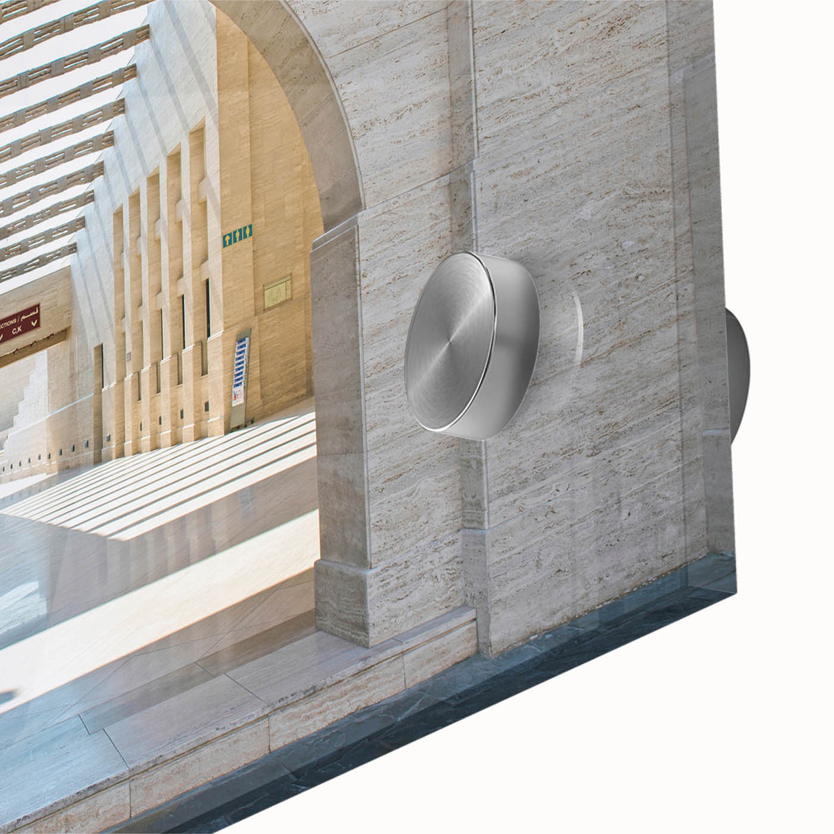 Large abstract wall art of Qatar scenery in muted earth tones on acrylic glass, ideal for dining room ambiance.