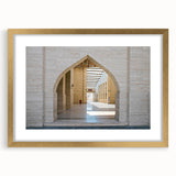 Extra large abstract art print depicting textured Middle Eastern scenery in gold frame, suitable for living room decor.