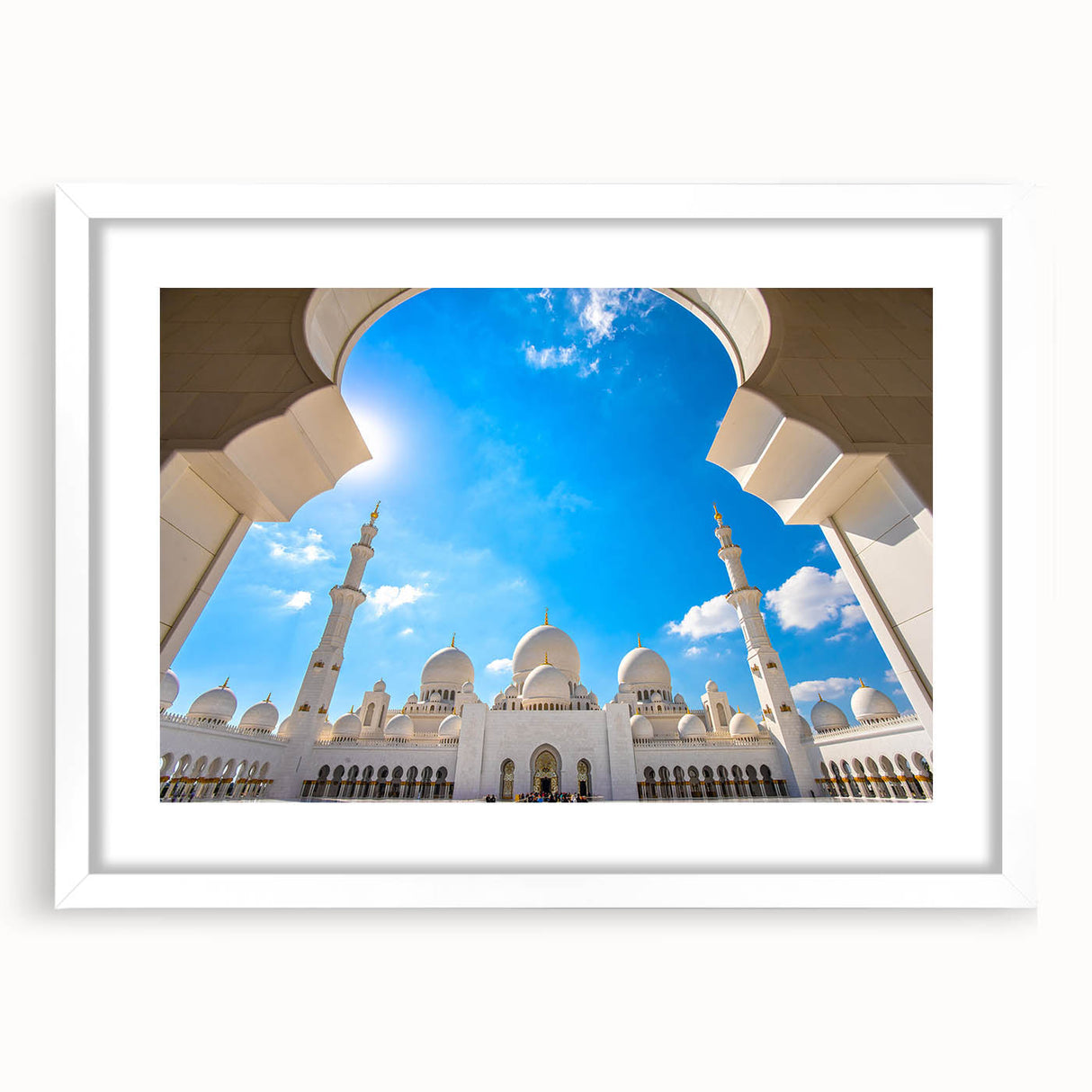 Abstract art print of Abu Dhabi skyline in muted blue and white tones on a framed poster, suitable for dining room decor.