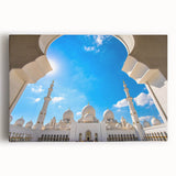 Black and white stretched canvas featuring a panoramic view of the Abu Dhabi skyline, ideal for kitchen wall art.