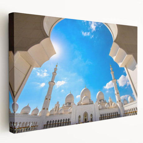 Large canvas print of Abu Dhabi skyline in muted earth tones, suitable for kitchen wall art.