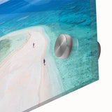 Large abstract wall art featuring oceanic blues and greens on acrylic glass, ideal for dining room ambiance.