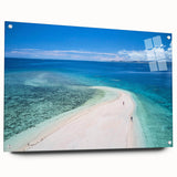 Large abstract oceanic scene in blue and aqua tones on acrylic glass, ideal for bedroom or dining room decor.