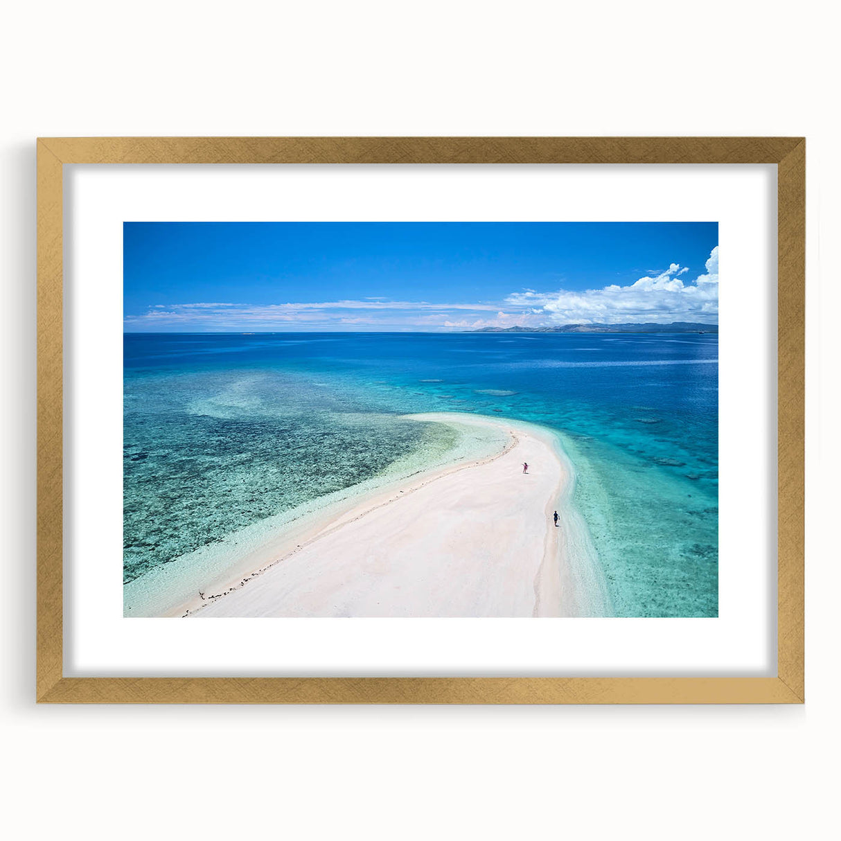 Extra large abstract art print of Oceania scenery in Fiji, featuring textured blues and greens on a gold-framed canvas.