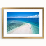 Extra large abstract art print of Oceania scenery in Fiji, featuring textured blues and greens on a gold-framed canvas.