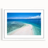 Abstract art print of an oceanic Fiji scenery in muted blue and green tones, framed with a white mat.