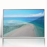 Art deco poster of Oceania, Fiji scenery in muted blue and green tones on white framed acrylic.