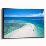 Black and white landscape art of a serene Fiji scenery on a framed canvas, suitable for bedroom decor.