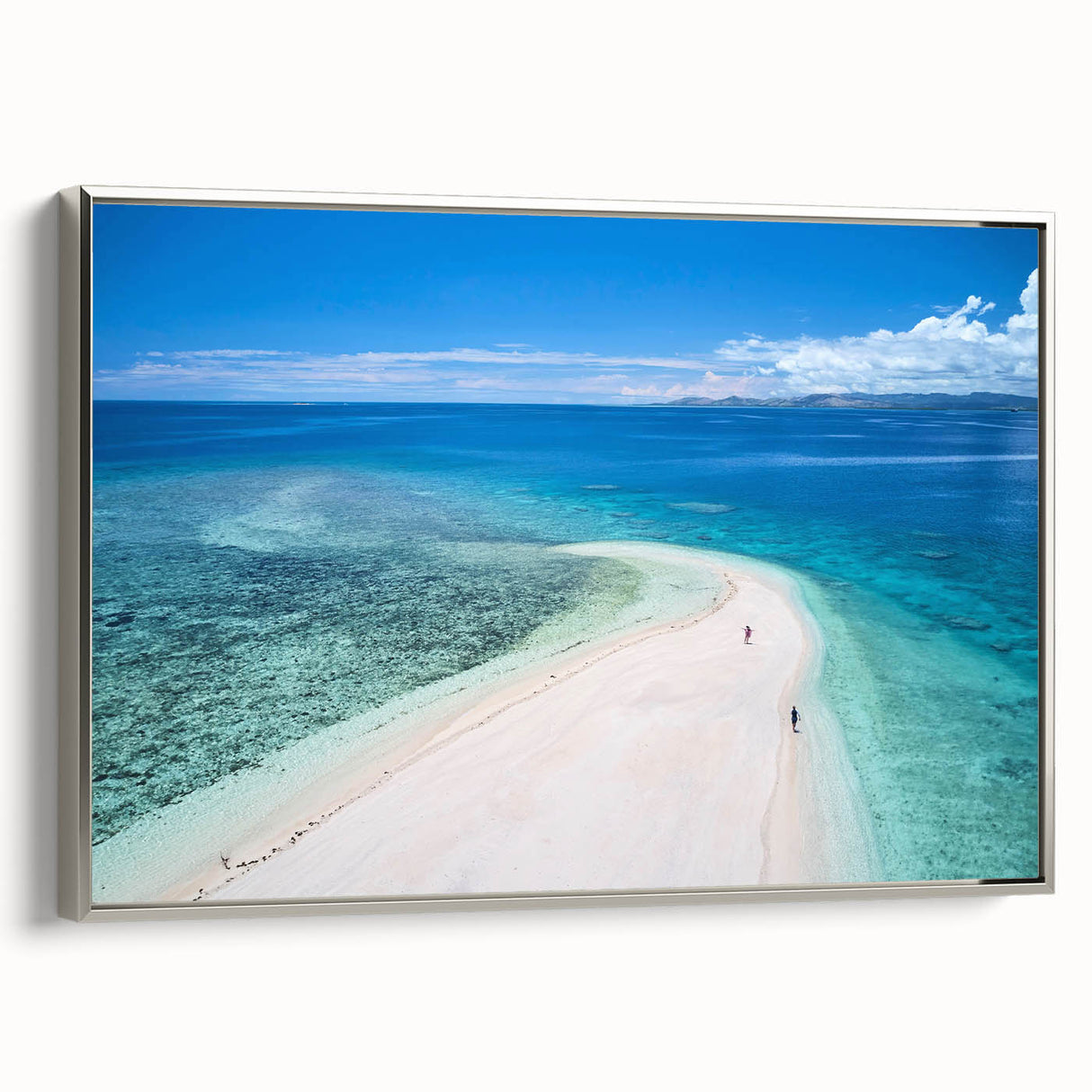 Landscape art painting of a Fiji beach scene in vintage poster style, framed canvas with muted color palette.