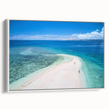 Vintage poster art of Fiji scenery in colorful hues on extra large framed canvas, suitable for living room decor.