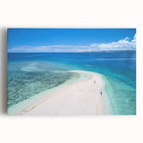 Black and white panoramic photo of a serene Fiji beach on stretched canvas, suited for kitchen wall art.