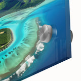 Large abstract wall art of Bora Bora in muted blue and green tones on acrylic glass, ideal for dining room ambiance.