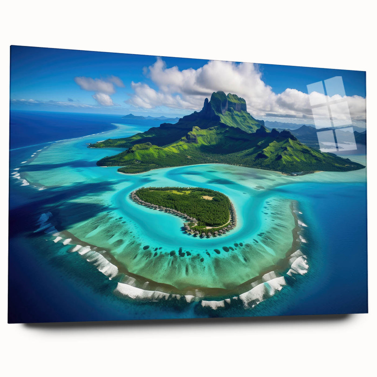 Large abstract wall art depicting the serene Bora Bora landscape on acrylic glass, ideal for bedroom or dining room decor.