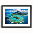 Abstract art print of a colorful, textured seascape in Bora Bora on a large canvas, framed in black.