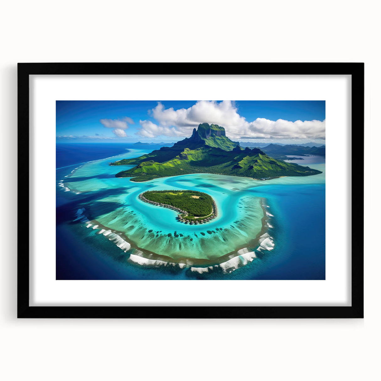 Abstract art print of a colorful, textured seascape in Bora Bora on a large canvas, framed in black.