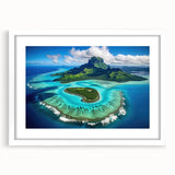 Abstract art print of Bora Bora with vibrant blue and green tones on a framed white canvas, ideal for dining room decor.