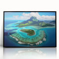 Large abstract wall art of Bora Bora's blue waters and green islands on black framed acrylic.