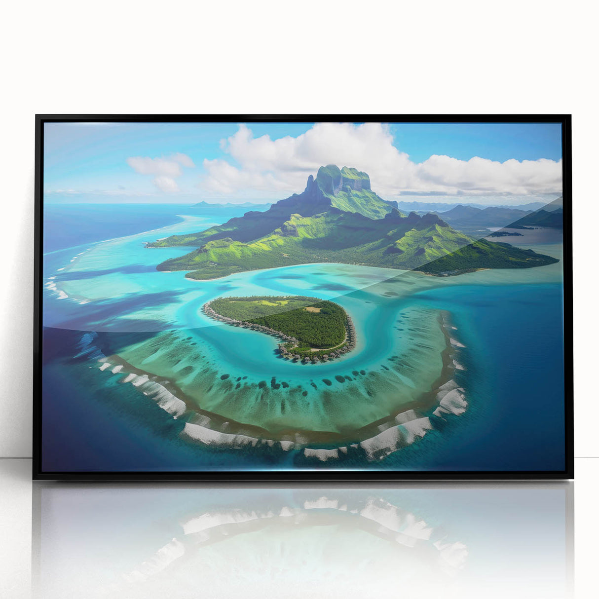 Large abstract wall art of Bora Bora's blue waters and green islands on black framed acrylic.