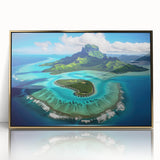 Large art print of Bora Bora landscape in muted blues and greens on framed acrylic, suitable for modern art wall decor.