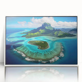 Art deco poster of Bora Bora scenery in pastel shades on a framed acrylic, ideal for modern nursery wall art.