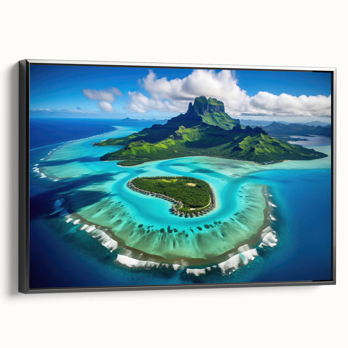 Black and white framed canvas of Bora Bora landscape, ideal for bedroom wall art.