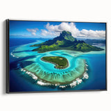 Black and white framed canvas of Bora Bora landscape, ideal for bedroom wall art.
