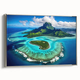 Framed canvas landscape art painting of Bora Bora with prominent blues and greens, ideal for living room decor.