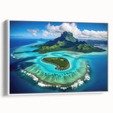 Vintage poster art of French Polynesia, featuring vibrant blues and greens on a white framed canvas.