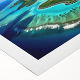 Art deco poster of Bora Bora with soft blue and green tones on rolled canvas, suitable for dining room or bathroom wall art.