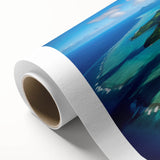 Art deco poster of Bora Bora seascape in pastel blues and greens on rolled canvas, ideal for nursery wall art.