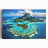 Black and white stretched canvas of Bora Bora's serene landscape, ideal for kitchen wall art.