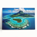 Black and white photograph of Bora Bora scenery on stretched canvas, ideal for kitchen wall art or bedroom ambiance.