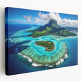 Large stretched canvas depicting a serene Bora Bora landscape with vibrant blue waters and lush green islands.