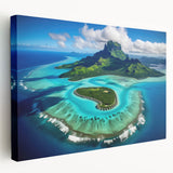 Large stretched canvas depicting a serene Bora Bora landscape with vibrant blue waters and lush green islands.