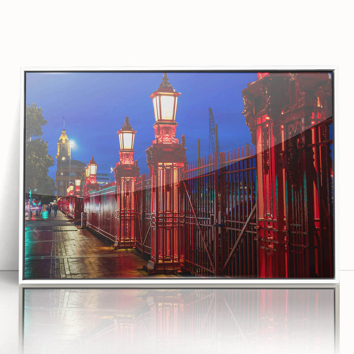 Modern art depiction of Auckland skyline in muted blue tones on a framed acrylic, suitable for nursery wall decor.