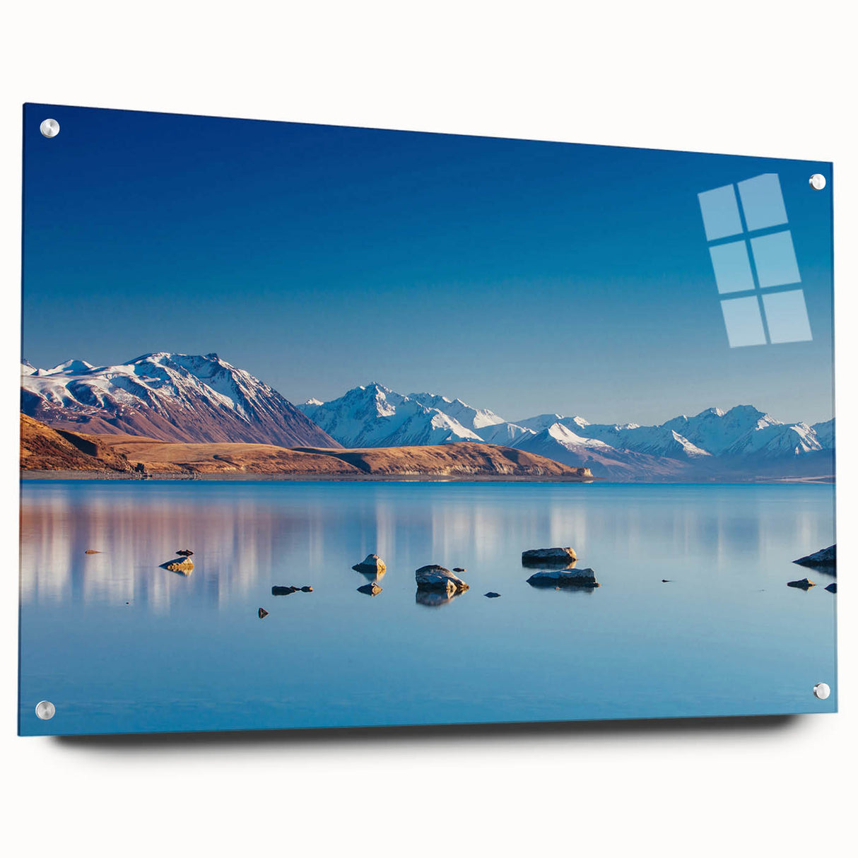 Acrylic print of a large abstract depiction of Canterbury, New Zealand, with vibrant blue and green tones.