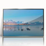 Mid-century modernist art depicting the Canterbury region in New Zealand with muted earth tones on a framed acrylic silver…