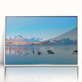 Modern art wall decor featuring a serene Canterbury, New Zealand landscape in pastel shades, framed in white acrylic.