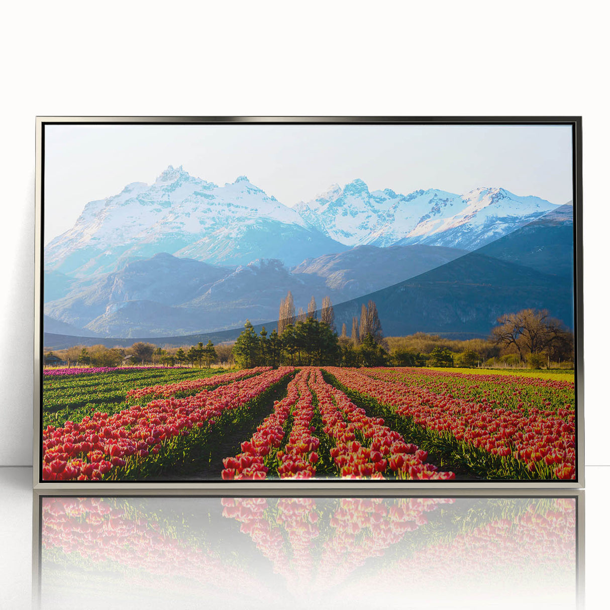Mid-century modernist art depicting a serene Argentine landscape in muted earth tones, framed in silver acrylic.