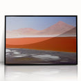 Large abstract wall art depicting a Bolivian landscape in muted earth tones, framed in black acrylic.
