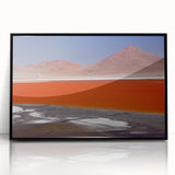 Large abstract wall art depicting a Bolivian landscape in muted earth tones, framed in black acrylic.