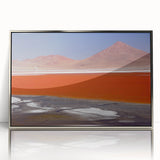 Mid-century modernist art depicting a Bolivian landscape in muted earth tones on a silver-framed acrylic print.