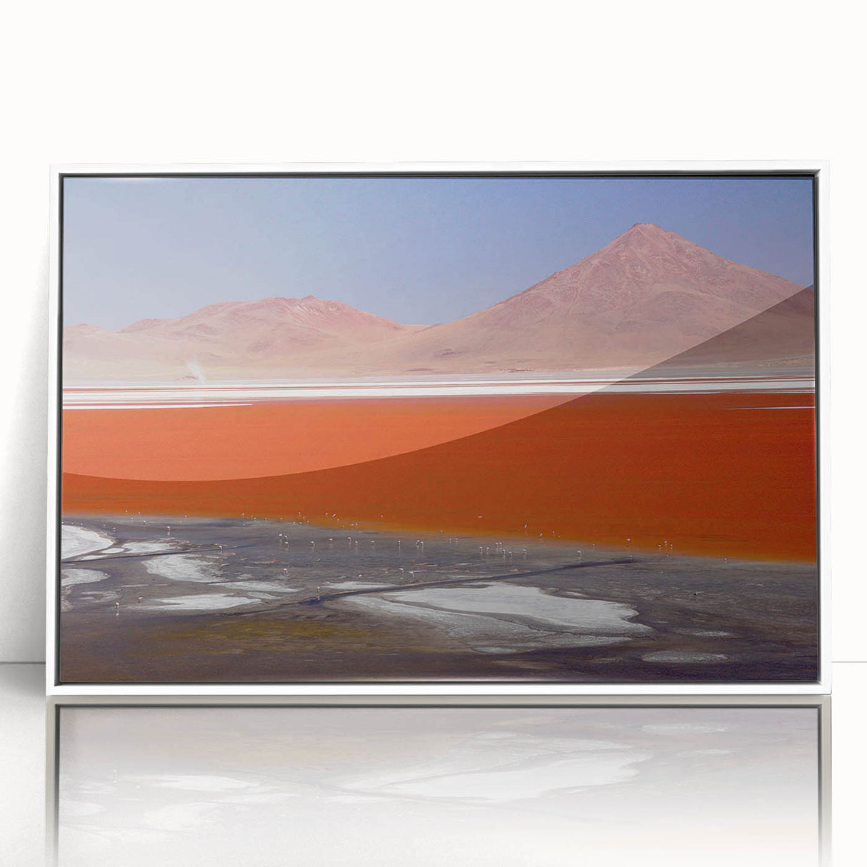 Art deco poster of a Bolivian landscape, in muted earth tones on framed acrylic, ideal for modern art wall decor.
