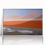 Art deco poster of a Bolivian landscape, in muted earth tones on framed acrylic, ideal for modern art wall decor.