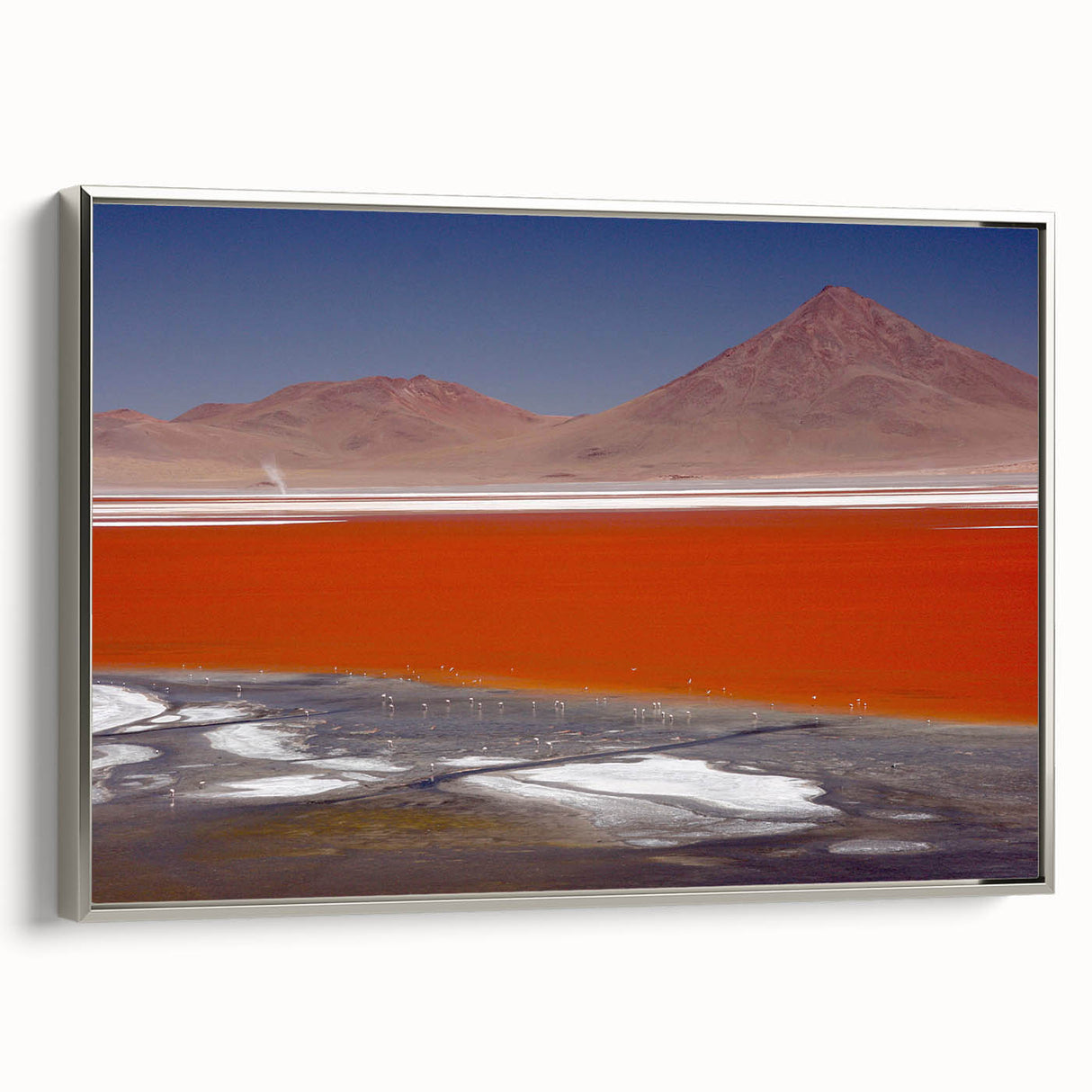 Framed canvas landscape art painting depicting a scenic view of Bolivia, with vibrant color details on a black background.