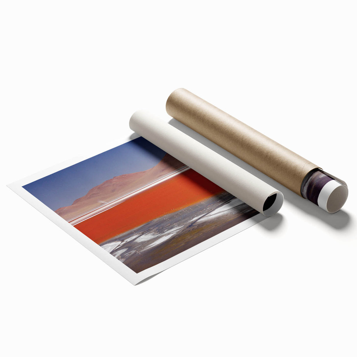 Extra large rolled print featuring a serene Bolivian landscape with soft floral elements, ideal for classy bathroom wall art.