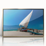 Mid-century modernist style acrylic print of a Brazilian landscape in earth tones, framed in gold.